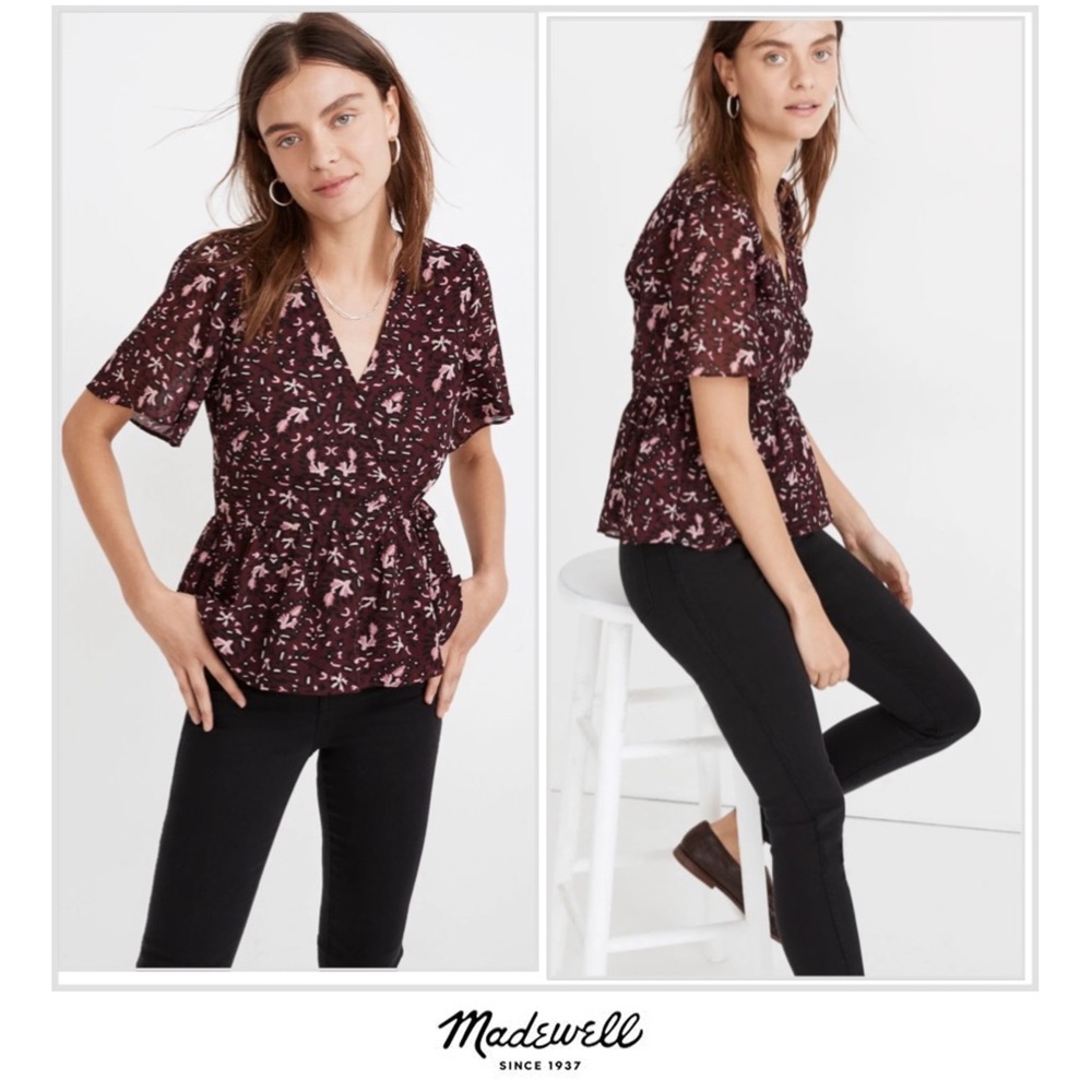 NEW Madewell Georgette Flutter-Sleeve Peplum Top in Rich Paisley